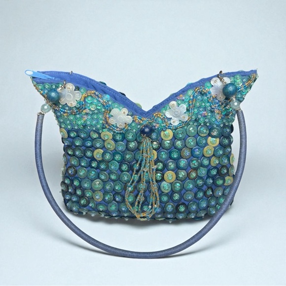 MIDO Sequin Handbag Beaded Floral Tassel Detail Mermaid Fairycore Statement Bag - Picture 11 of 11